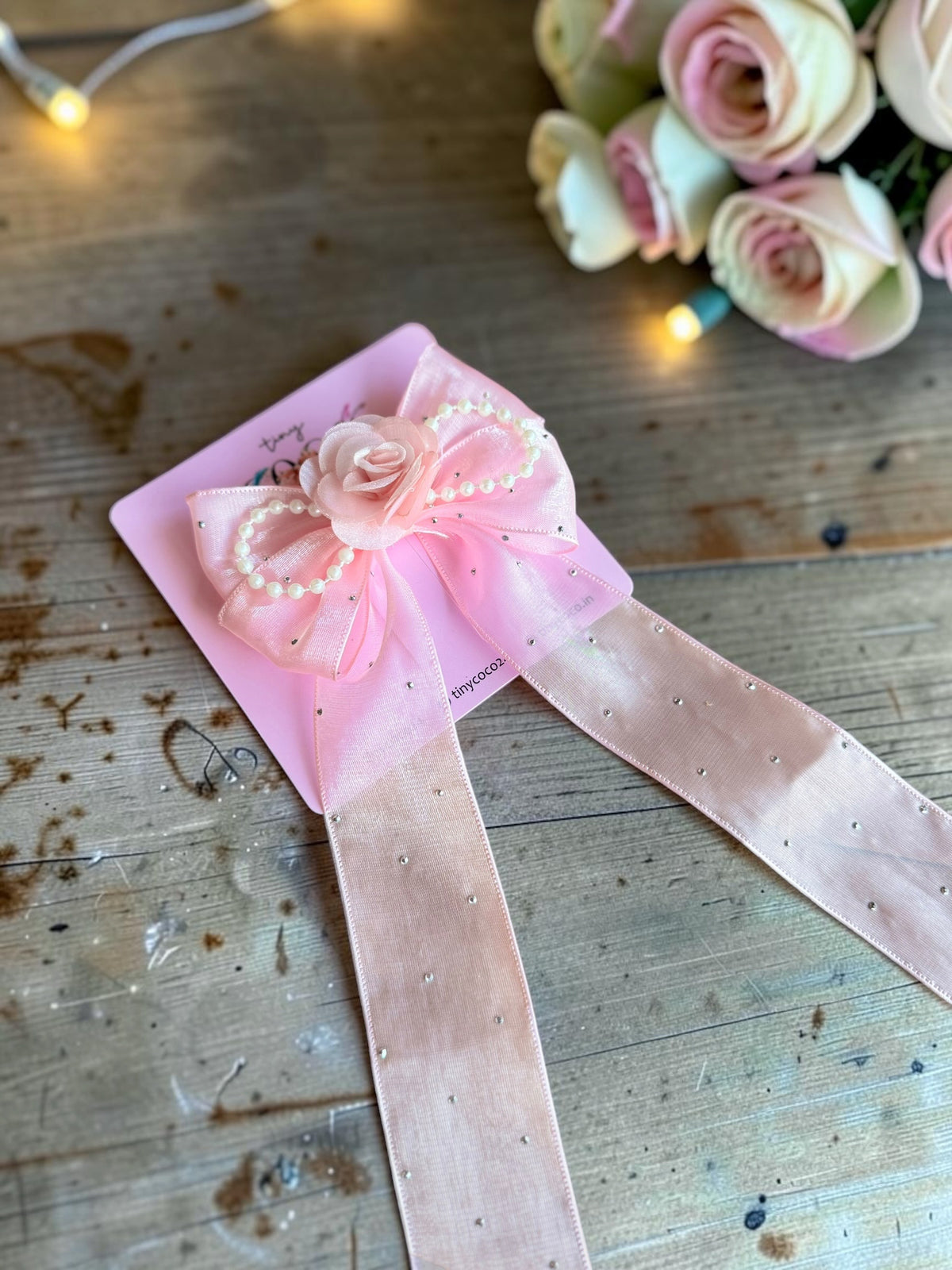 Rosette & Shimmer Pearl Garland Long-Tail Bow