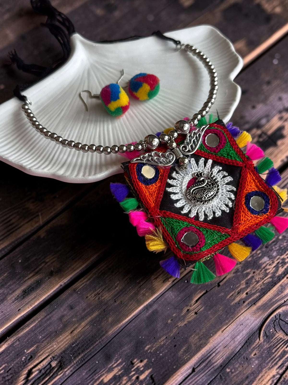 Kutchi Embroidered Square Pendant Necklace