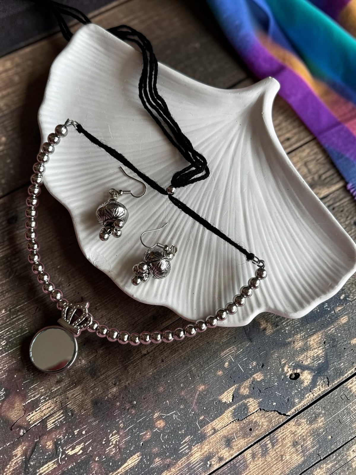 Ethnic Silver-Toned Crown-Framed Round Mirror Choker Set