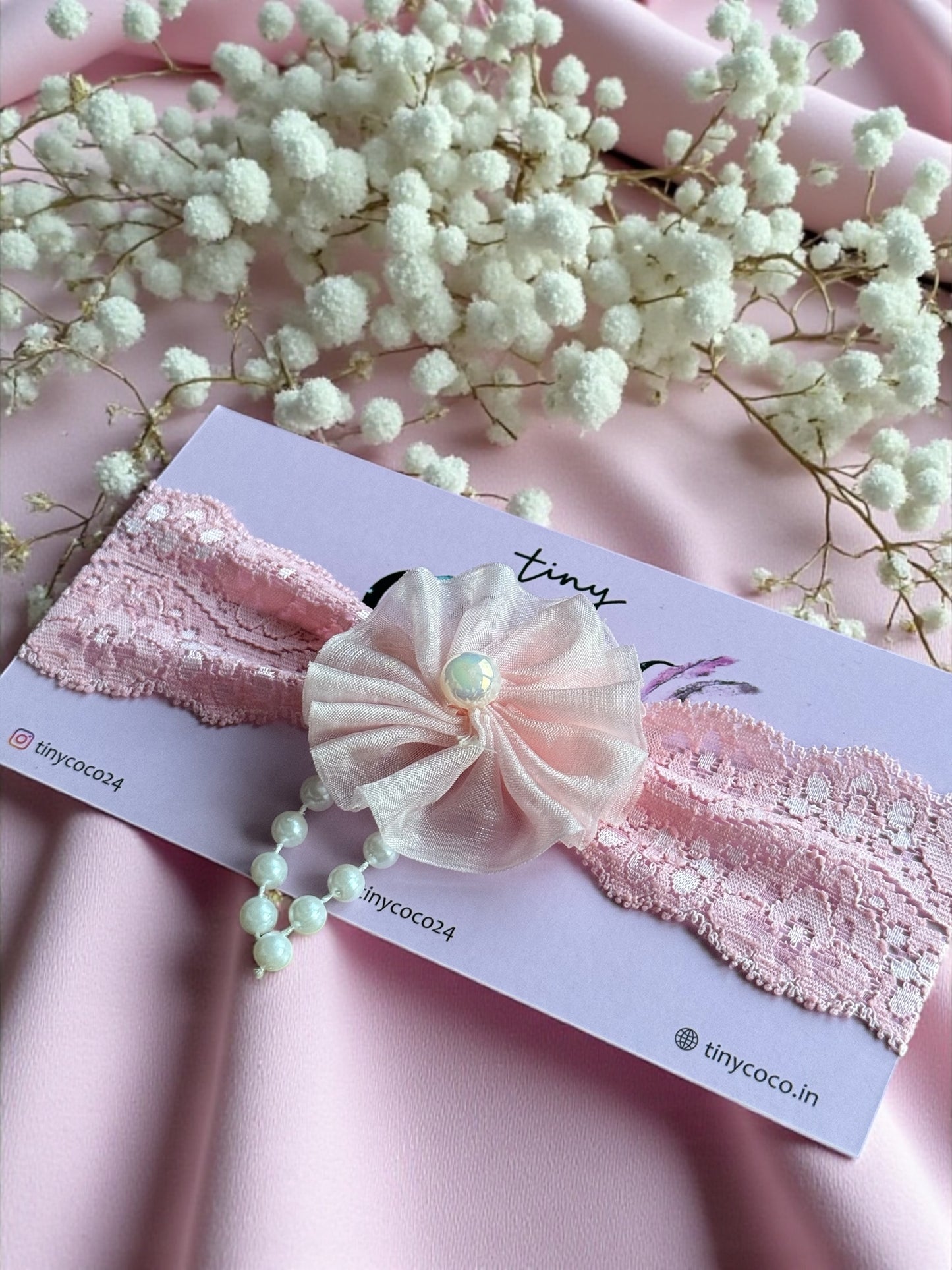 Pink Rosette Pearl Drop HeadBand