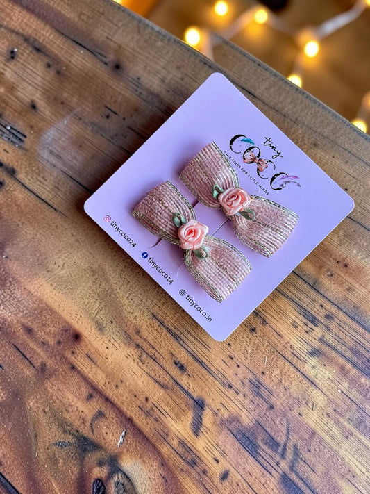 Roohi Dusty Rose & Gilded Ribbon Bow Pair