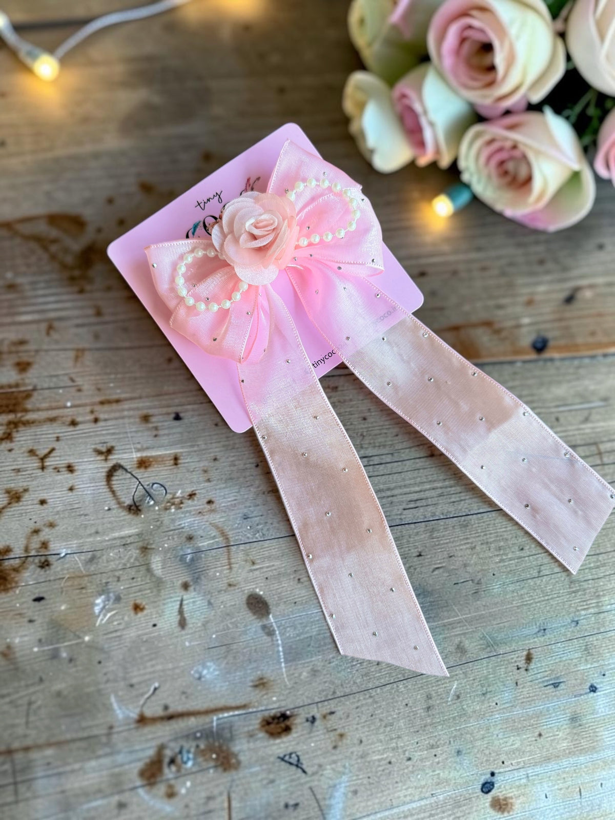 Rosette & Shimmer Pearl Garland Long-Tail Bow