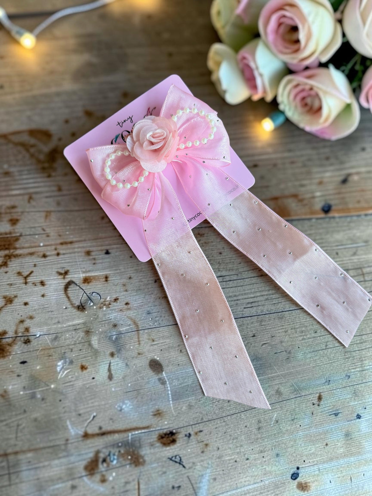Rosette & Shimmer Pearl Garland Long-Tail Bow