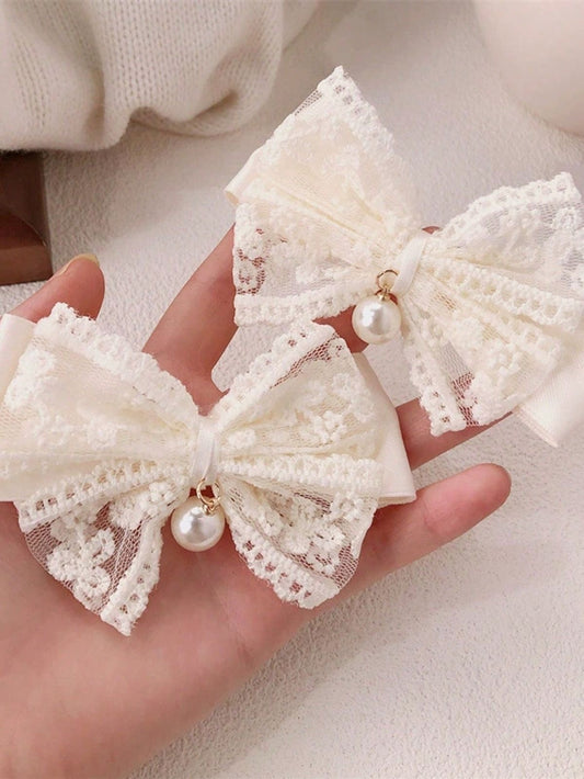 Lace Pearl Drop Bow Clips
