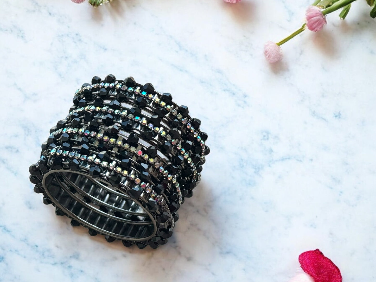 Black Beads and Silver Rhinestones Bangles