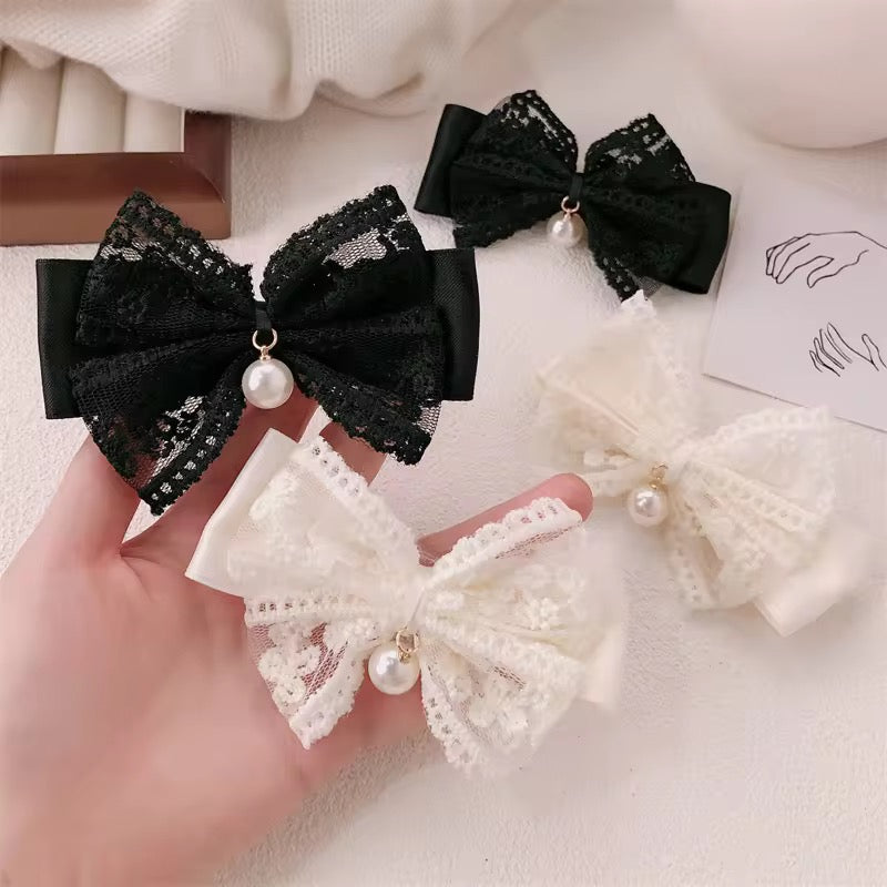 Lace Pearl Drop Bow Clips