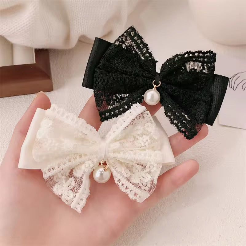 Lace Pearl Drop Bow Clips