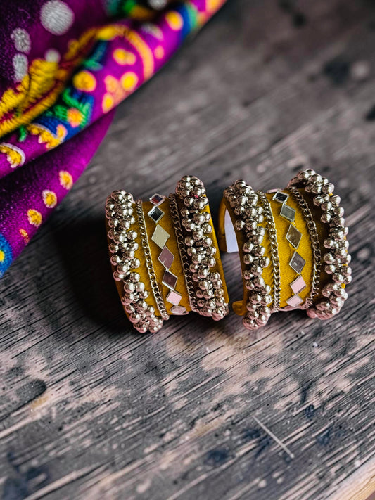 Diamond Mirror Work & Silver Ghungroo Kada Set