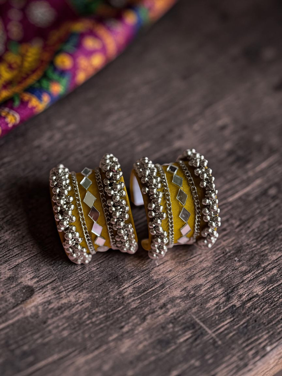 Diamond Mirror Work & Silver Ghungroo Kada Set