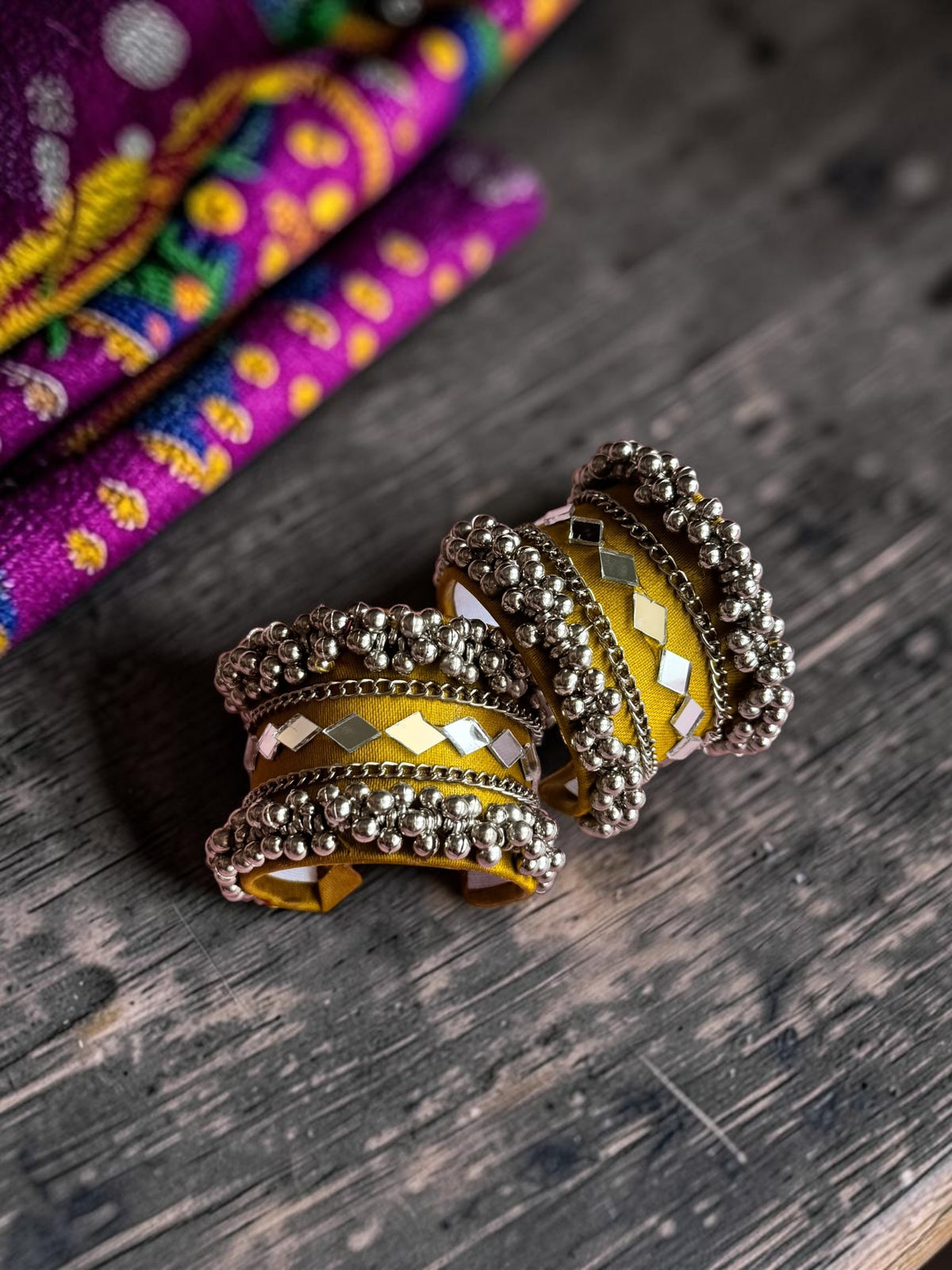 Diamond Mirror Work & Silver Ghungroo Kada Set