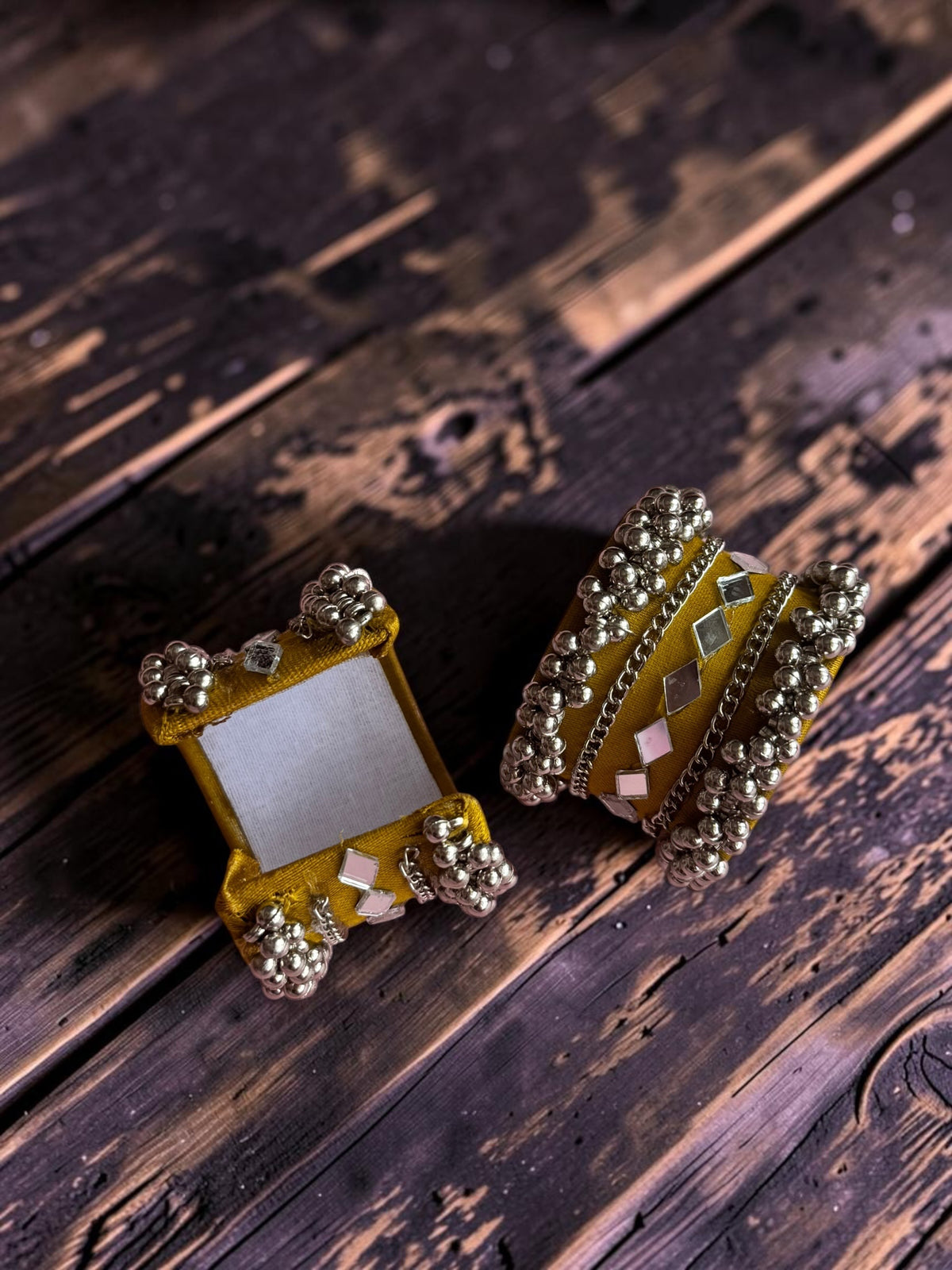 Diamond Mirror Work & Silver Ghungroo Kada Set
