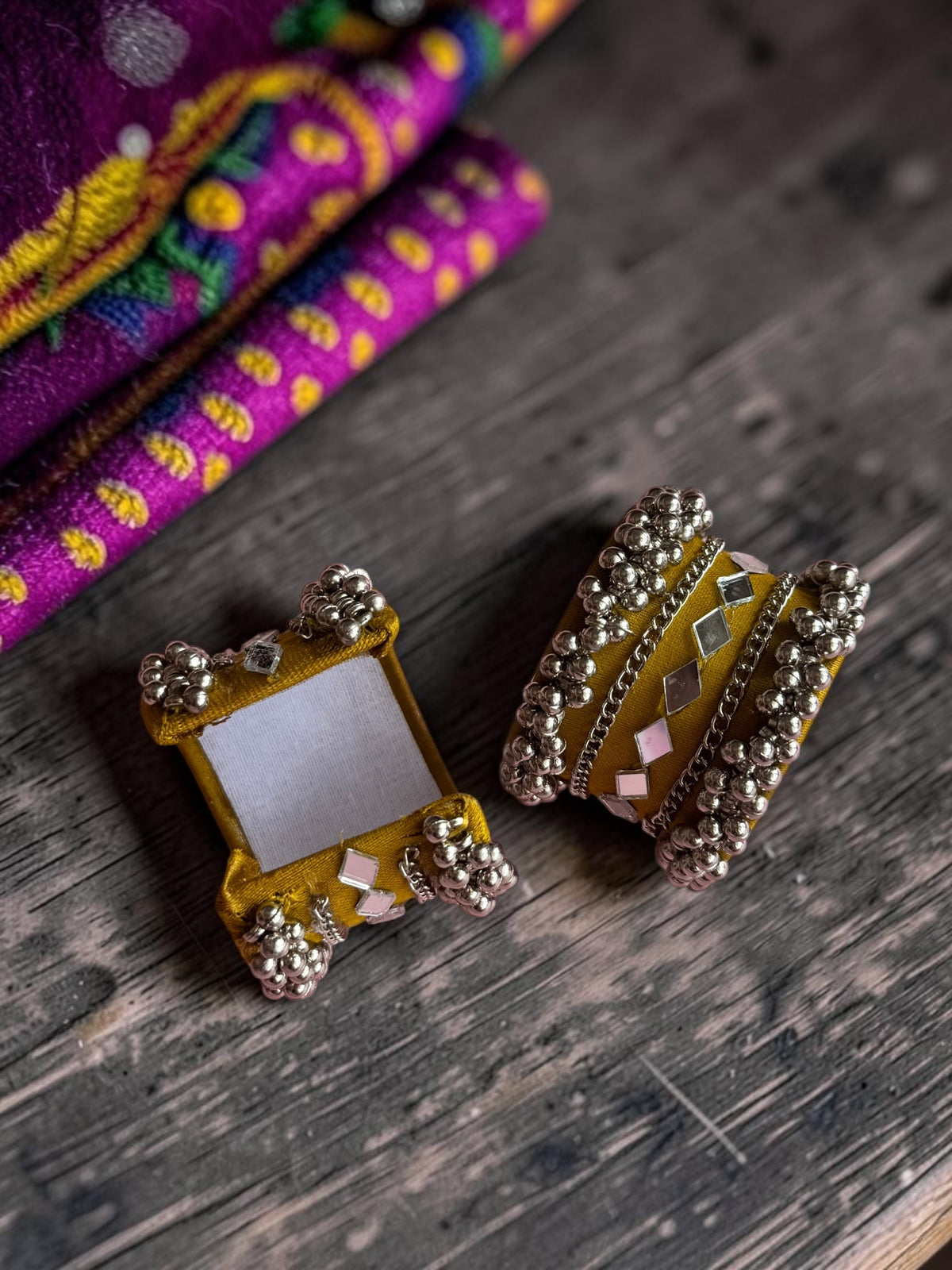 Diamond Mirror Work & Silver Ghungroo Kada Set