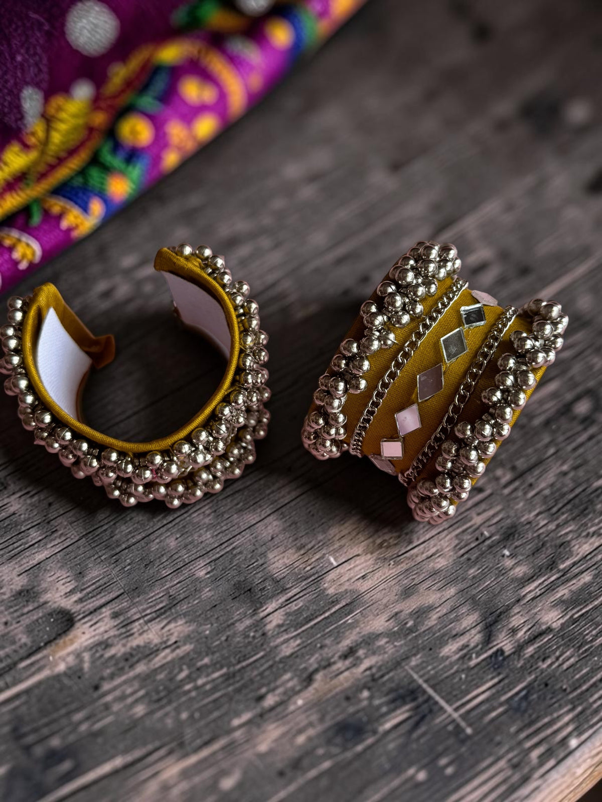 Diamond Mirror Work & Silver Ghungroo Kada Set
