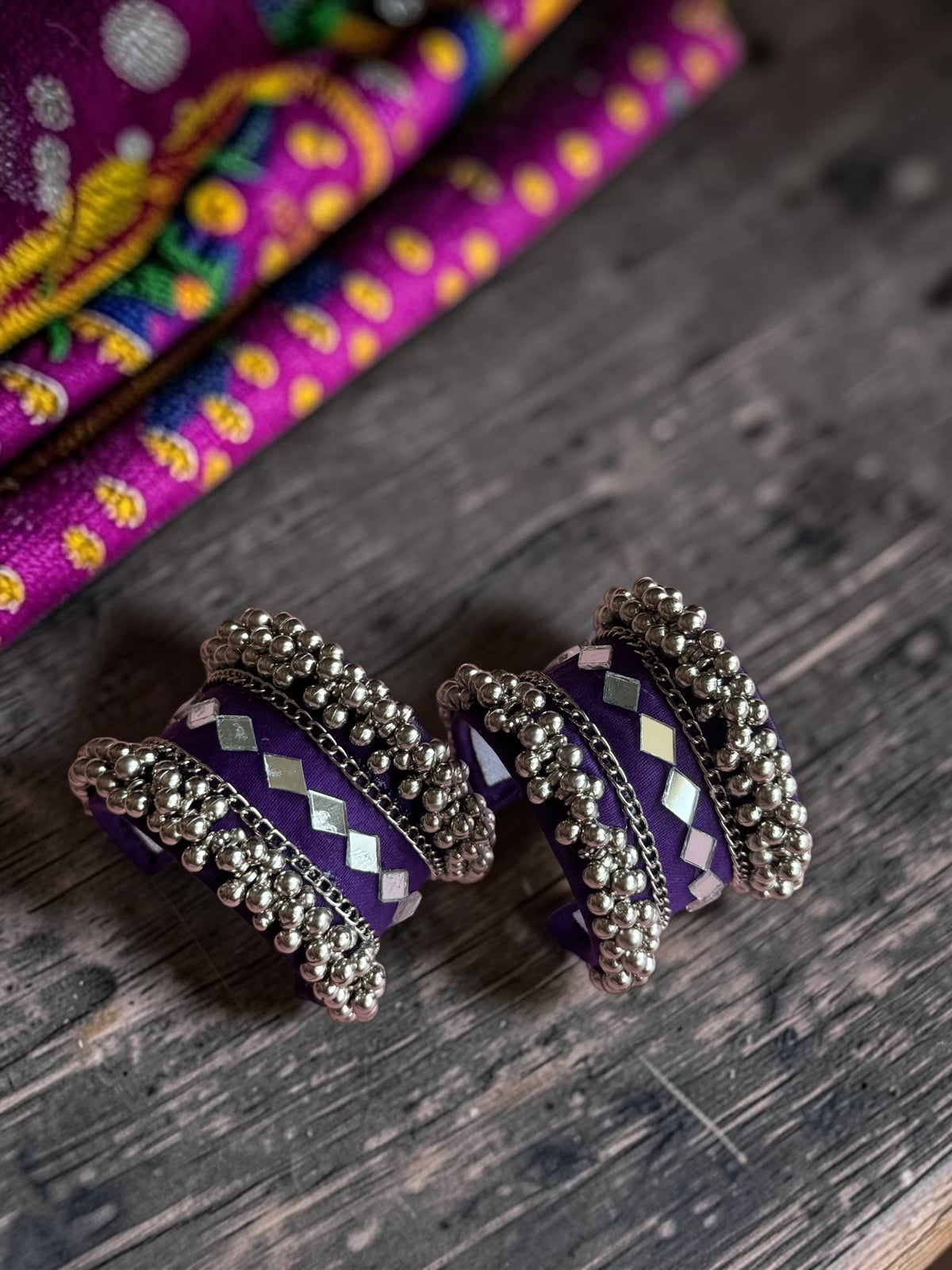 Diamond Mirror Work & Silver Ghungroo Kada Set