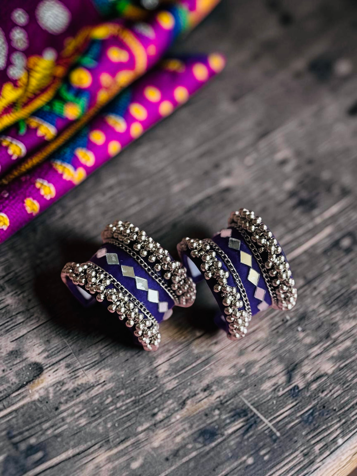 Diamond Mirror Work & Silver Ghungroo Kada Set