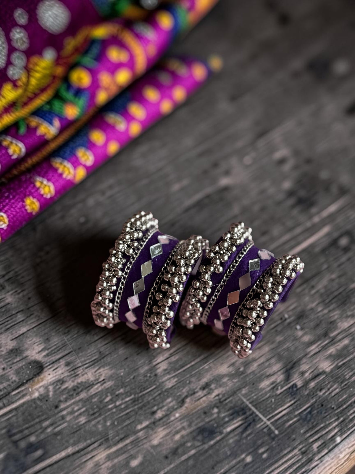 Diamond Mirror Work & Silver Ghungroo Kada Set
