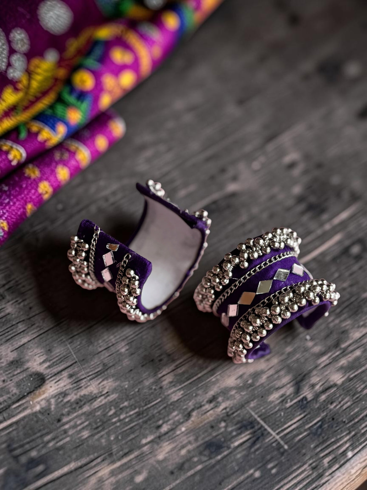 Diamond Mirror Work & Silver Ghungroo Kada Set