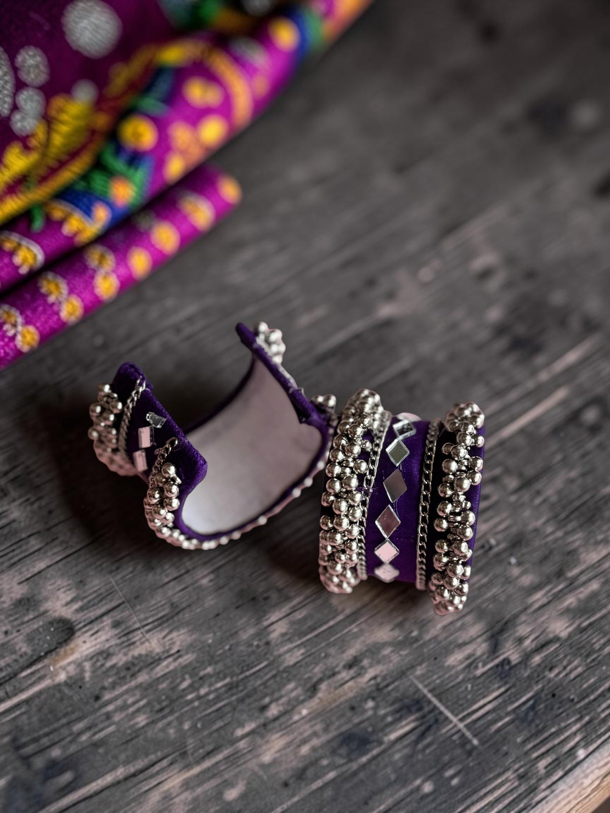Diamond Mirror Work & Silver Ghungroo Kada Set