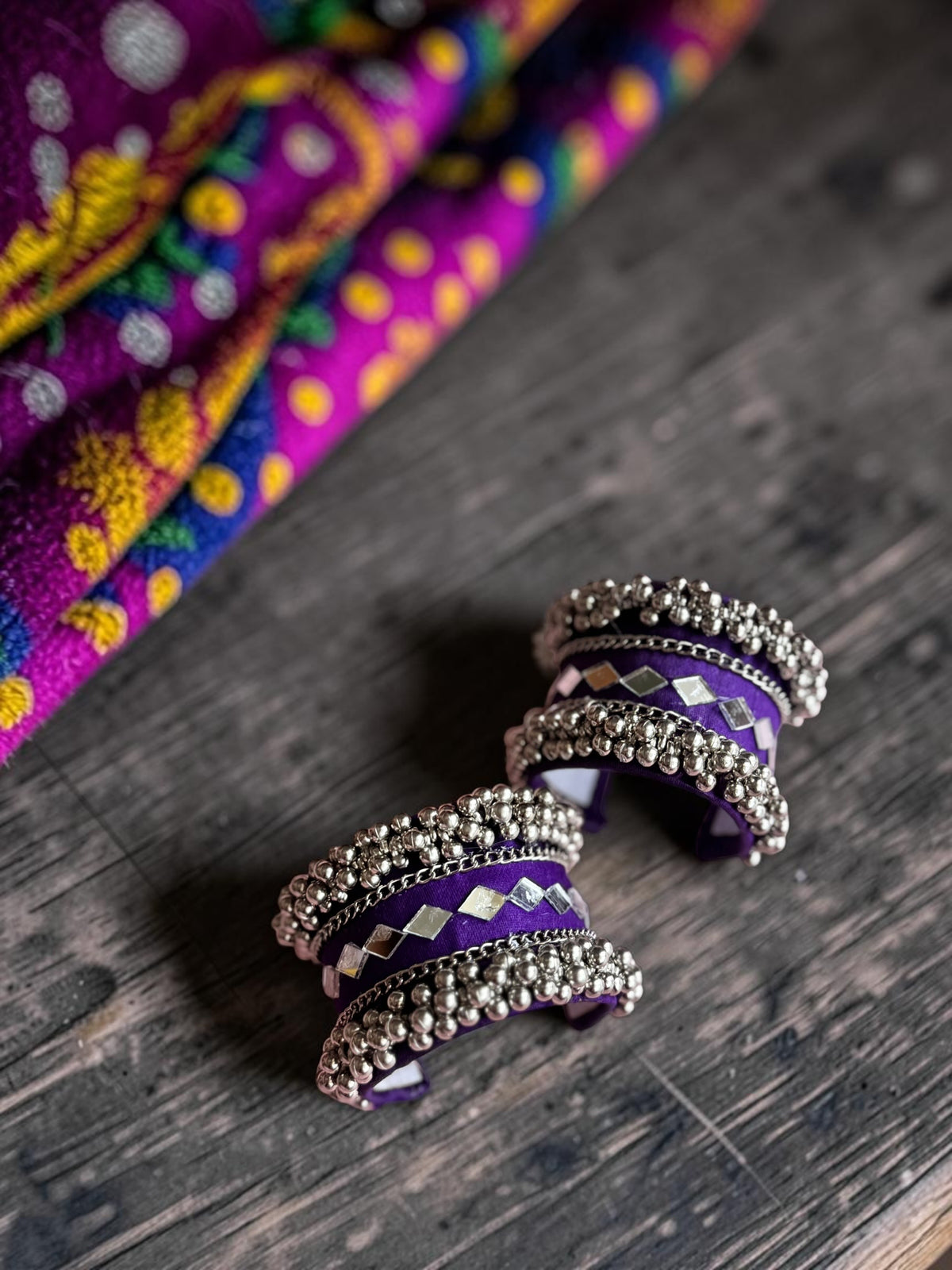 Diamond Mirror Work & Silver Ghungroo Kada Set