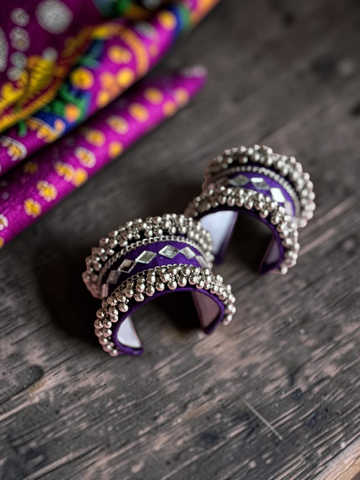 Diamond Mirror Work & Silver Ghungroo Kada Set