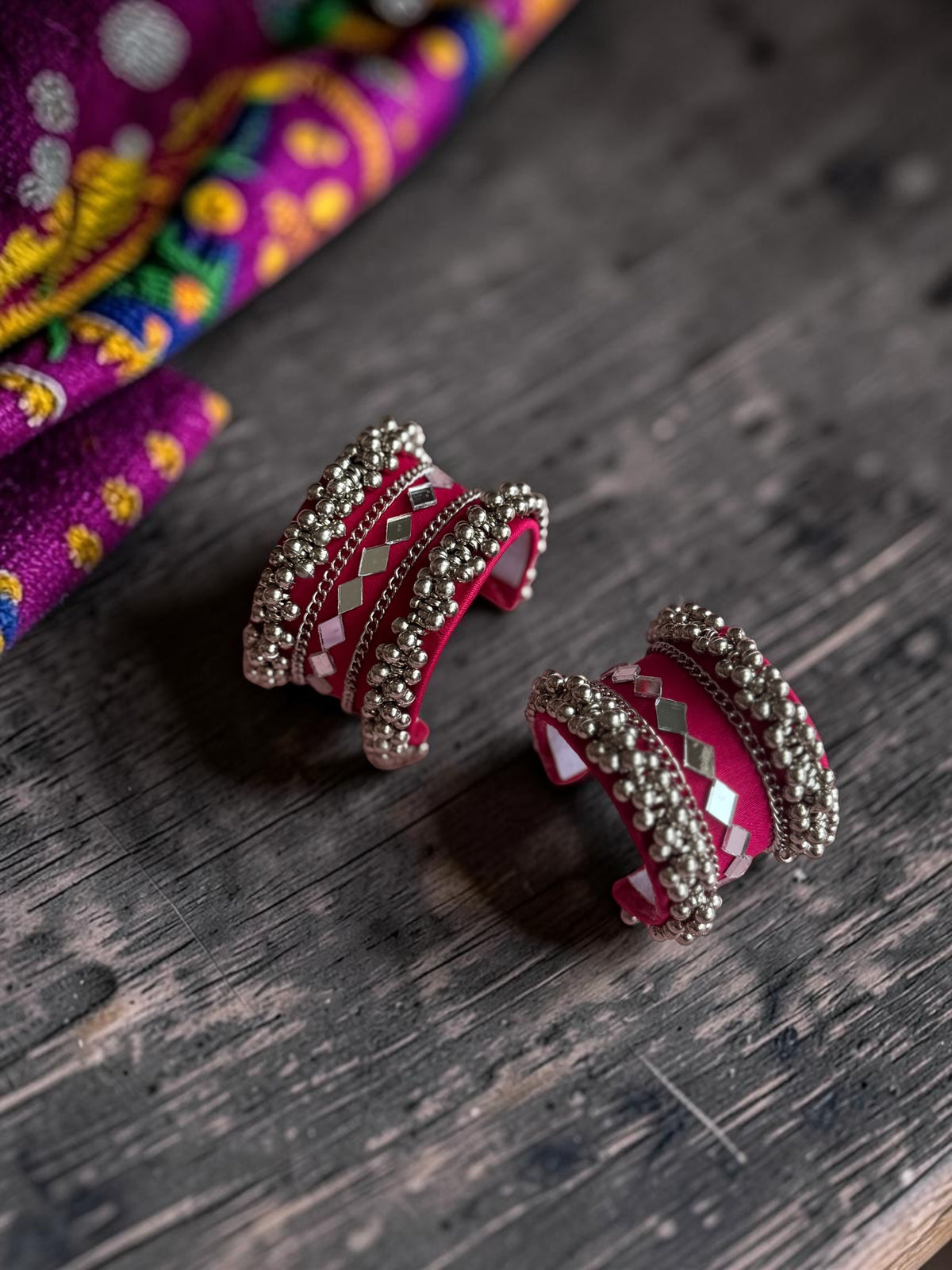 Diamond Mirror Work & Silver Ghungroo Kada Set