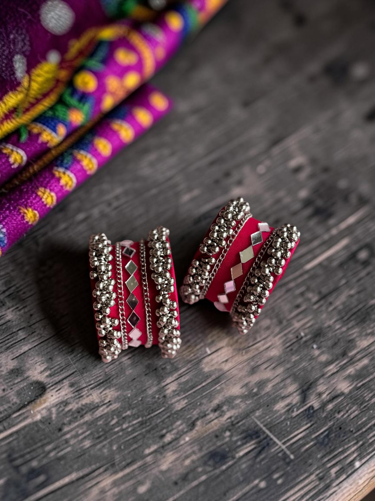Diamond Mirror Work & Silver Ghungroo Kada Set