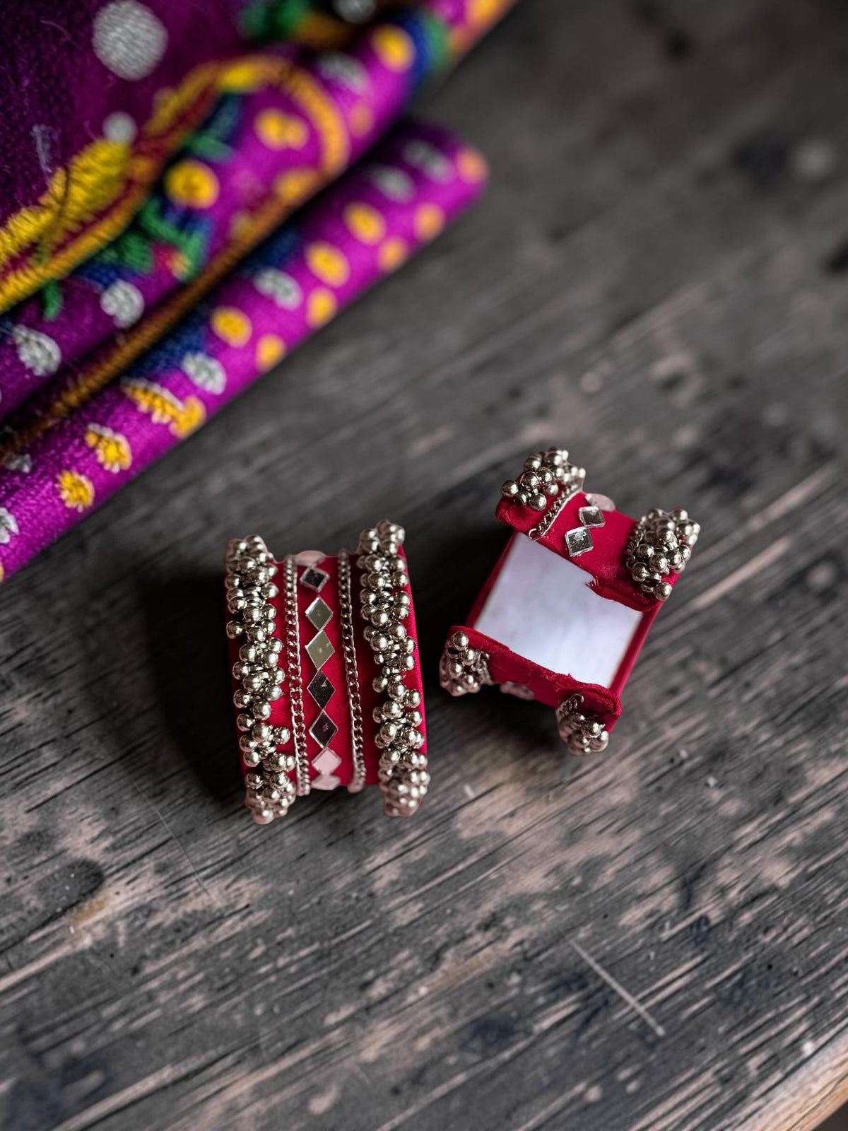 Diamond Mirror Work & Silver Ghungroo Kada Set