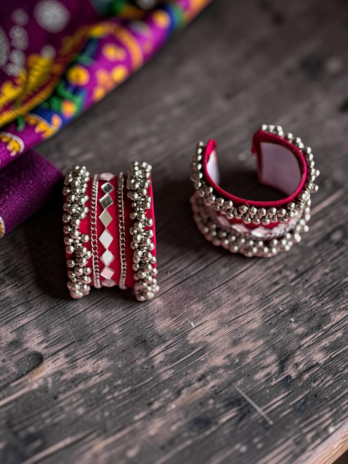 Diamond Mirror Work & Silver Ghungroo Kada Set