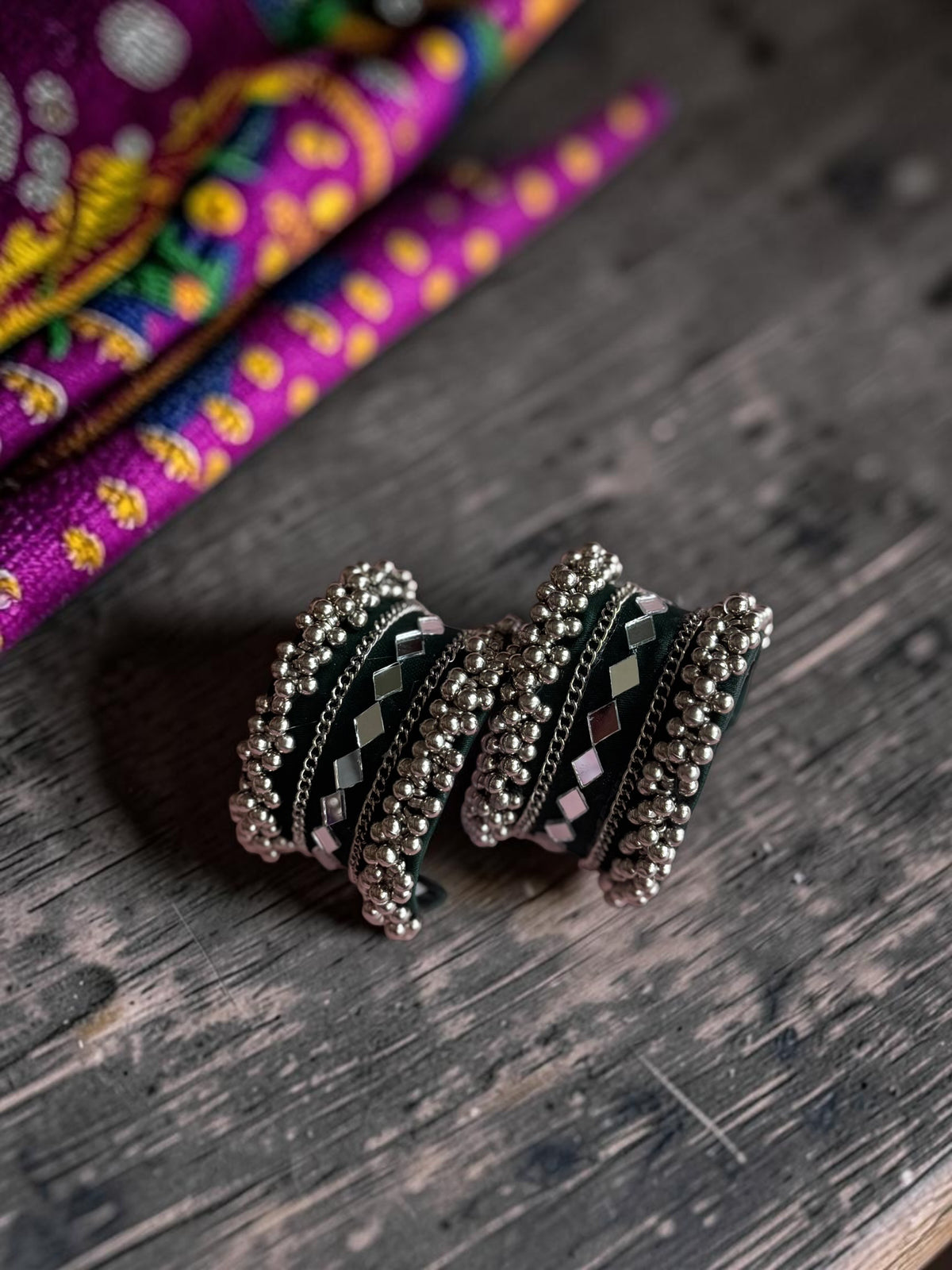 Diamond Mirror Work & Silver Ghungroo Kada Set