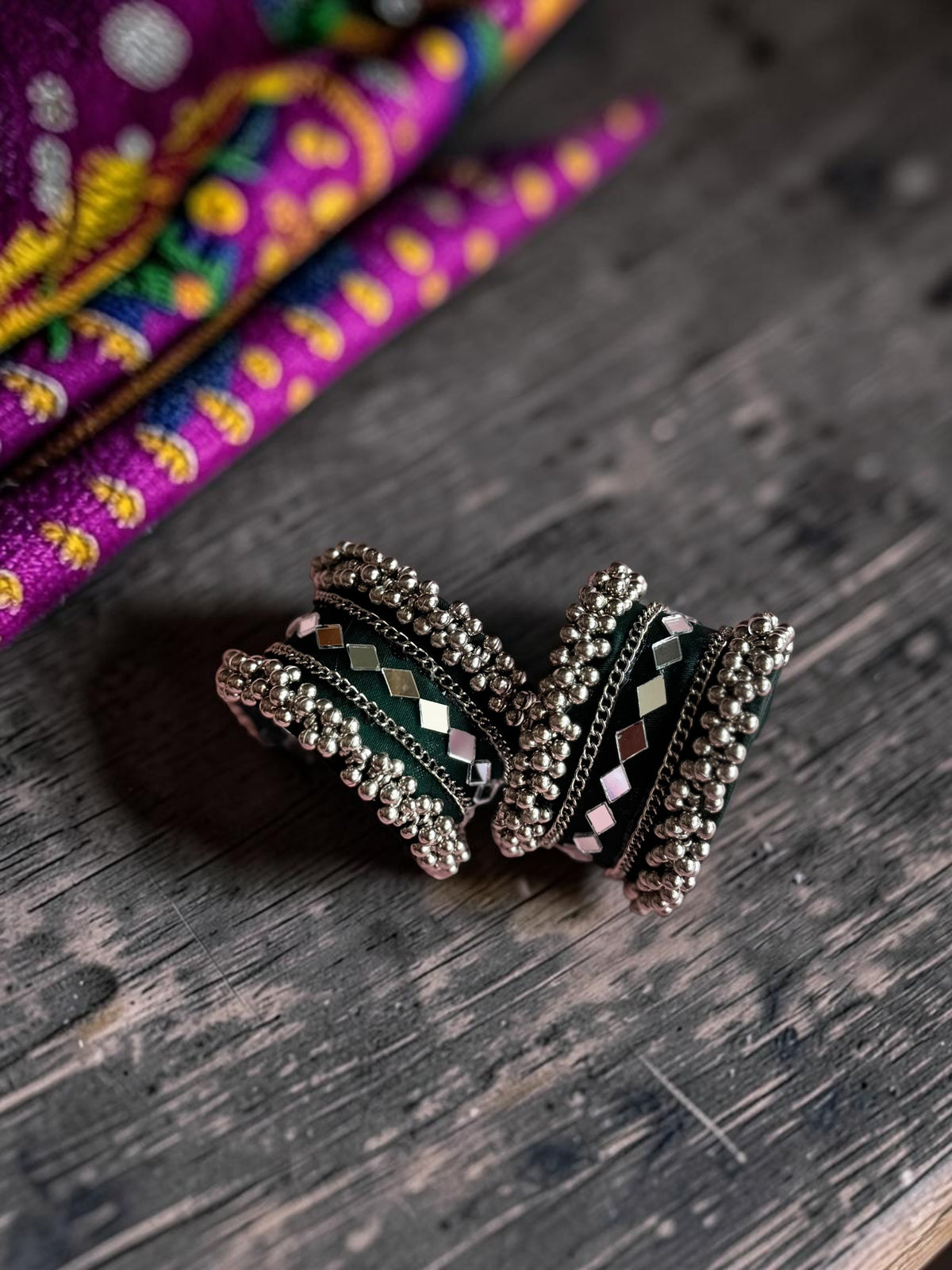Diamond Mirror Work & Silver Ghungroo Kada Set