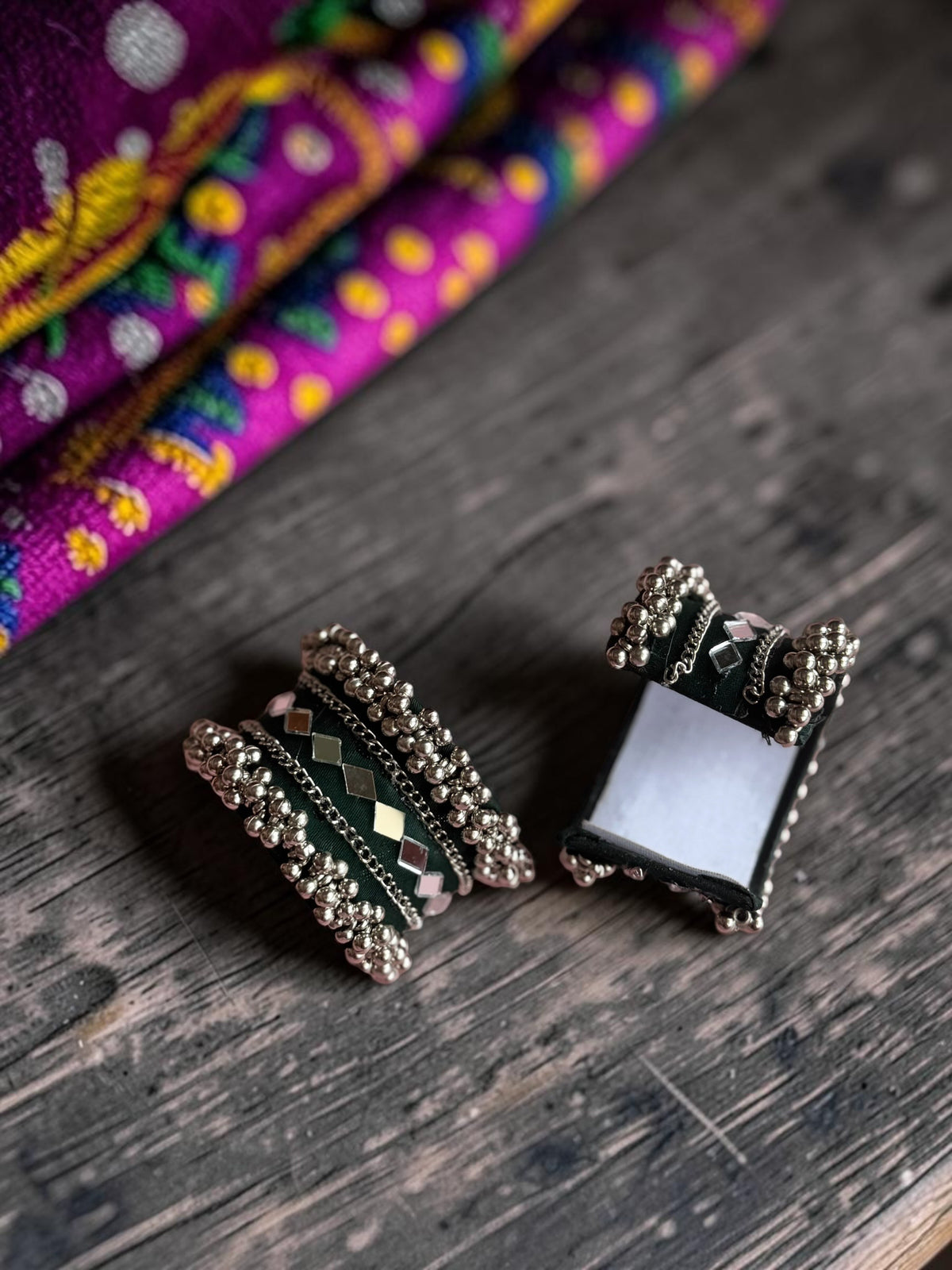 Diamond Mirror Work & Silver Ghungroo Kada Set