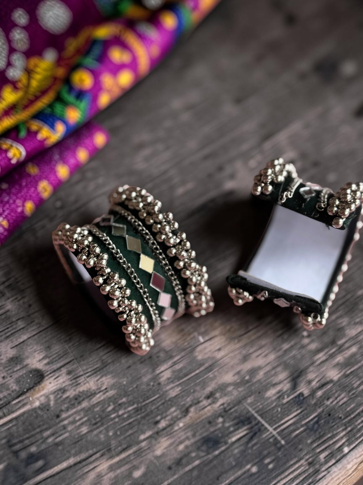 Diamond Mirror Work & Silver Ghungroo Kada Set