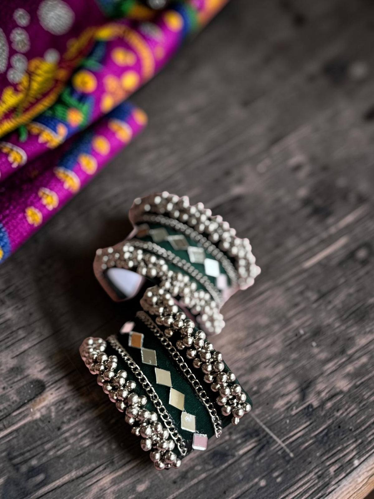 Diamond Mirror Work & Silver Ghungroo Kada Set