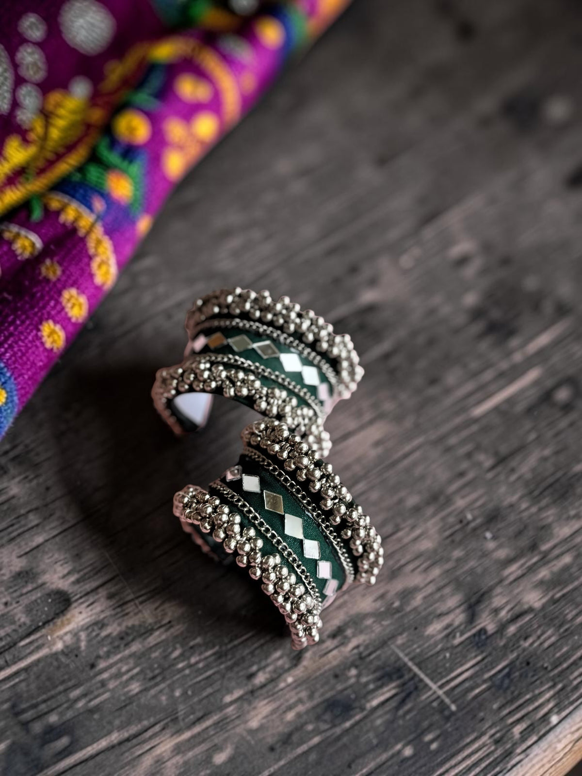 Diamond Mirror Work & Silver Ghungroo Kada Set
