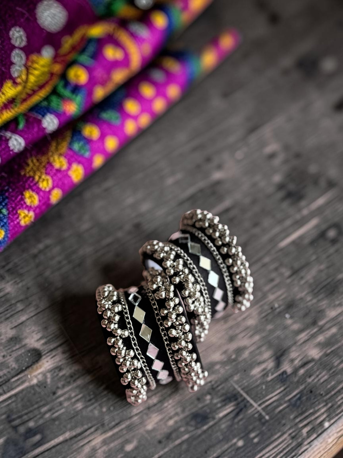 Diamond Mirror Work & Silver Ghungroo Kada Set