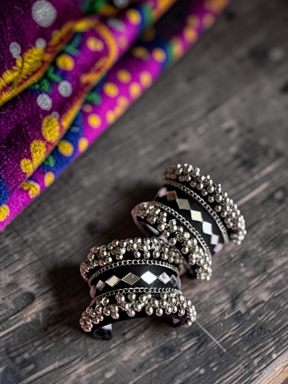 Diamond Mirror Work & Silver Ghungroo Kada Set