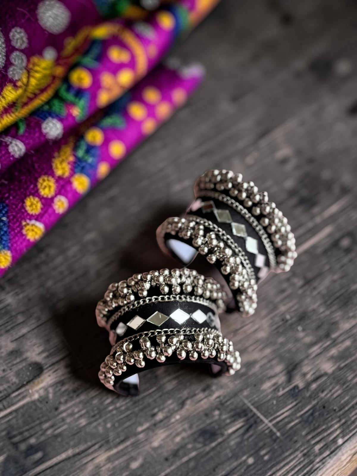 Diamond Mirror Work & Silver Ghungroo Kada Set