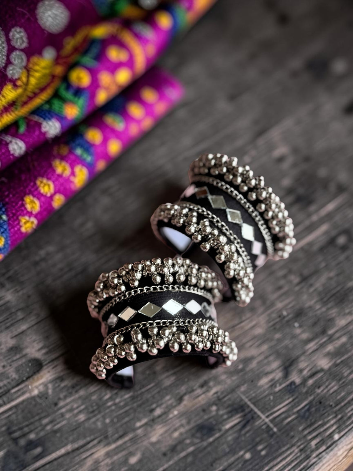 Diamond Mirror Work & Silver Ghungroo Kada Set
