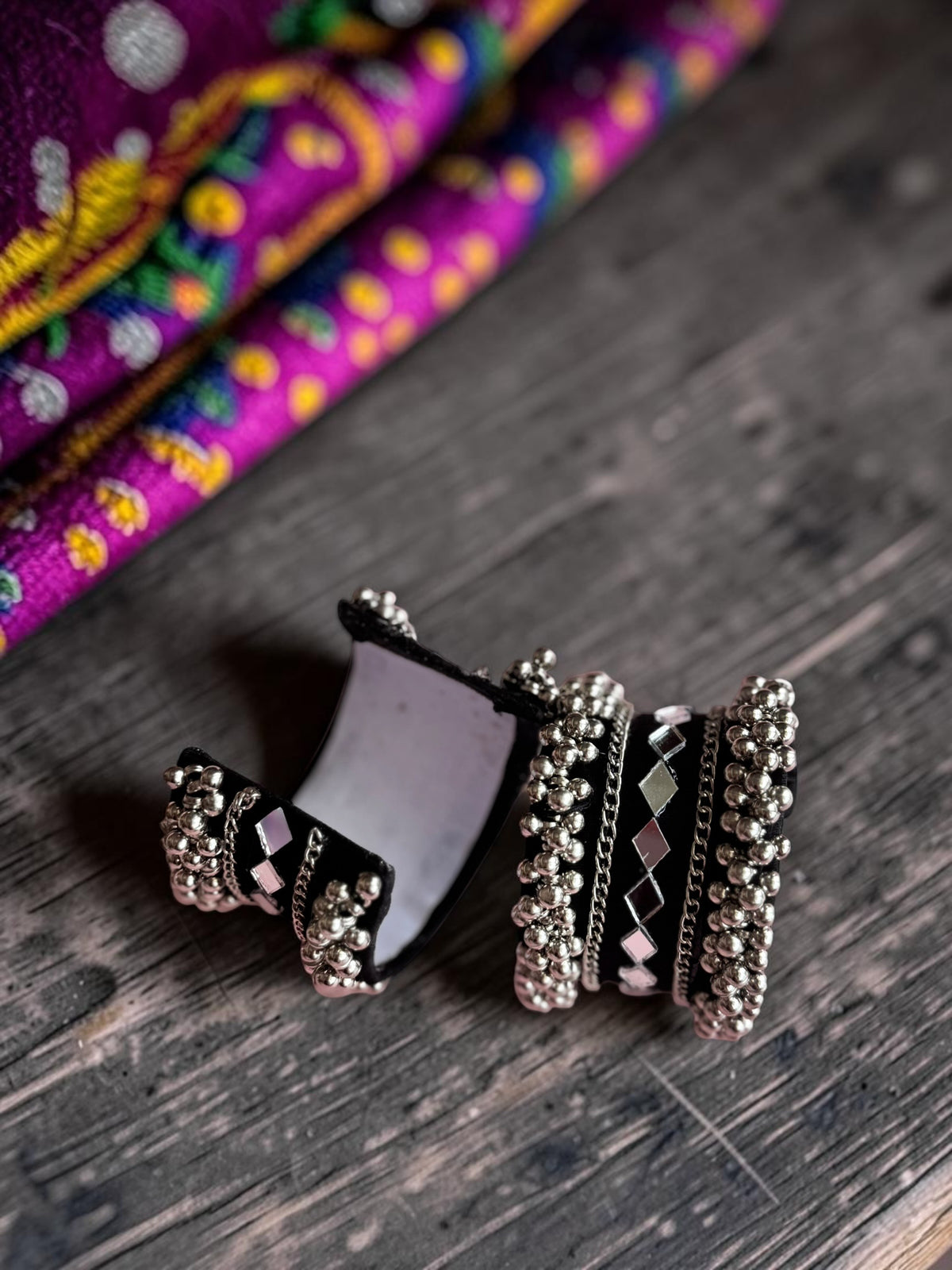 Diamond Mirror Work & Silver Ghungroo Kada Set