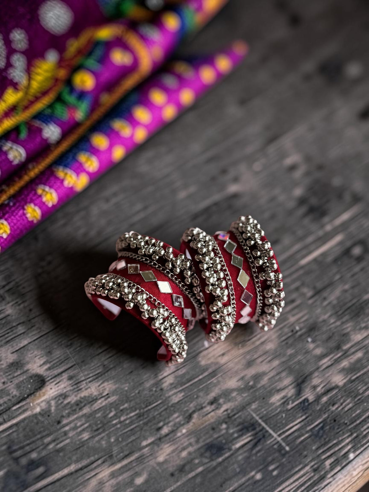 Diamond Mirror Work & Silver Ghungroo Kada Set