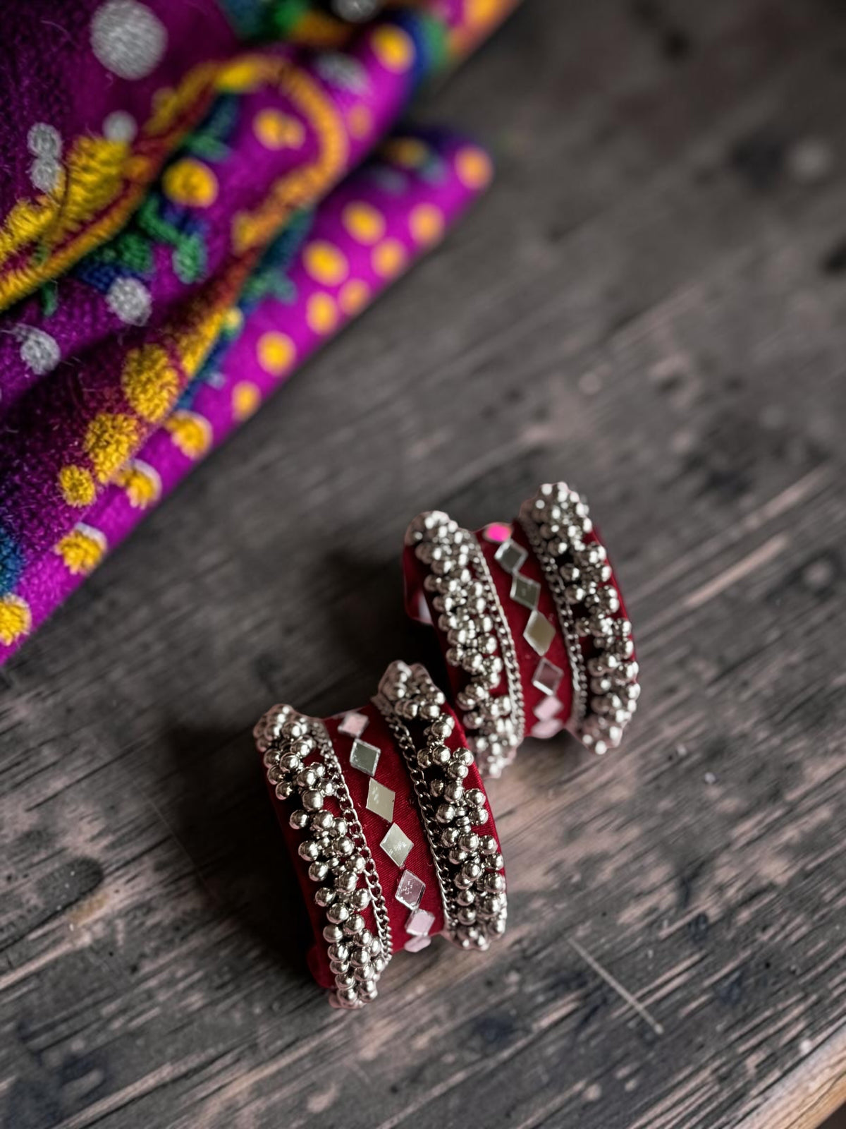 Diamond Mirror Work & Silver Ghungroo Kada Set