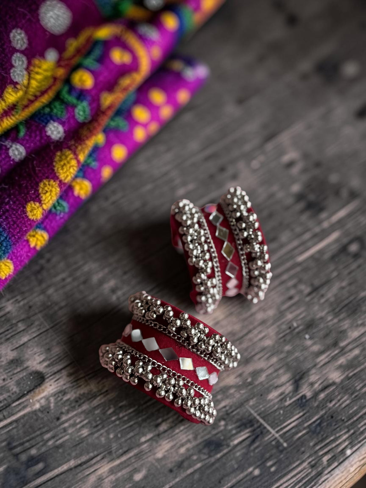 Diamond Mirror Work & Silver Ghungroo Kada Set
