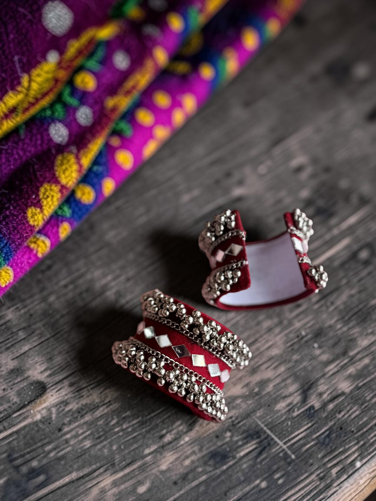 Diamond Mirror Work & Silver Ghungroo Kada Set