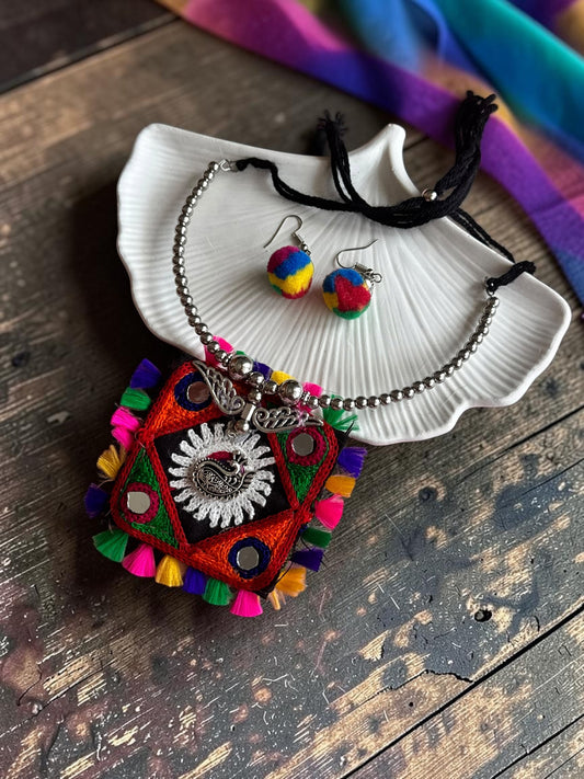 Kutchi Embroidered Square Pendant Necklace