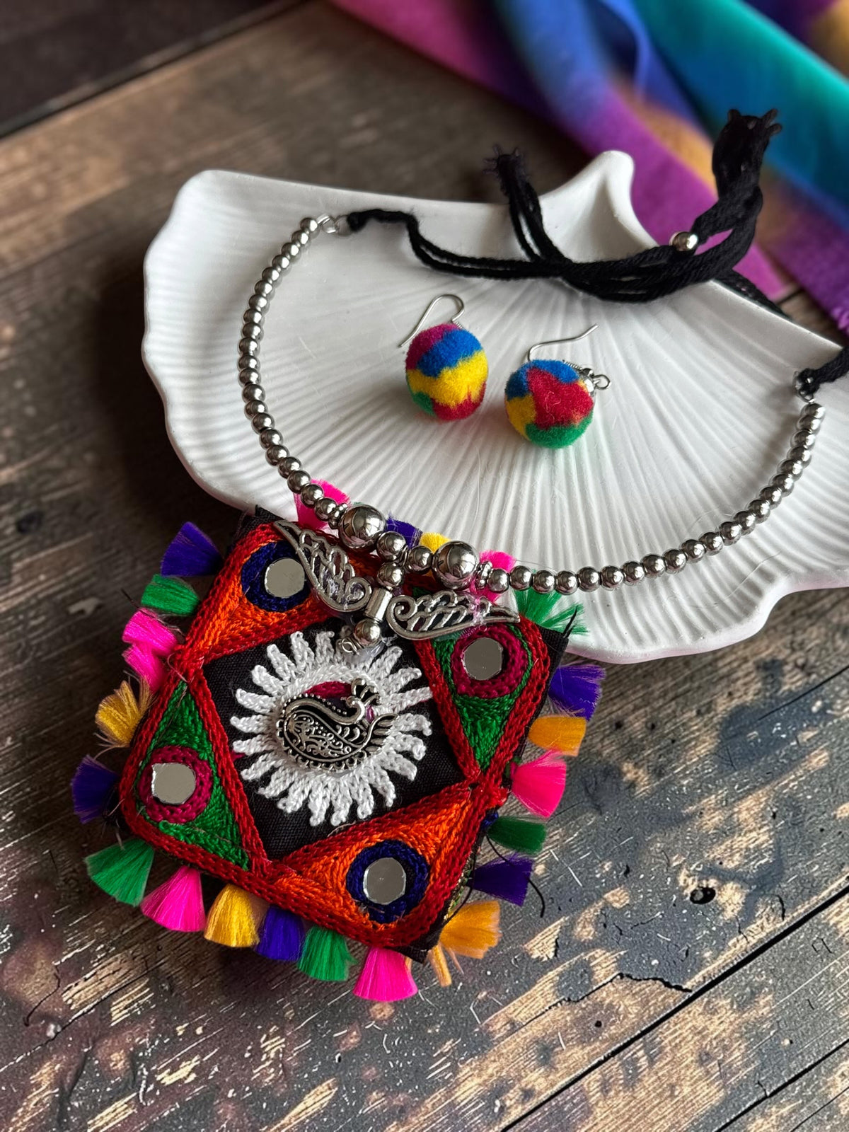 Kutchi Embroidered Square Pendant Necklace