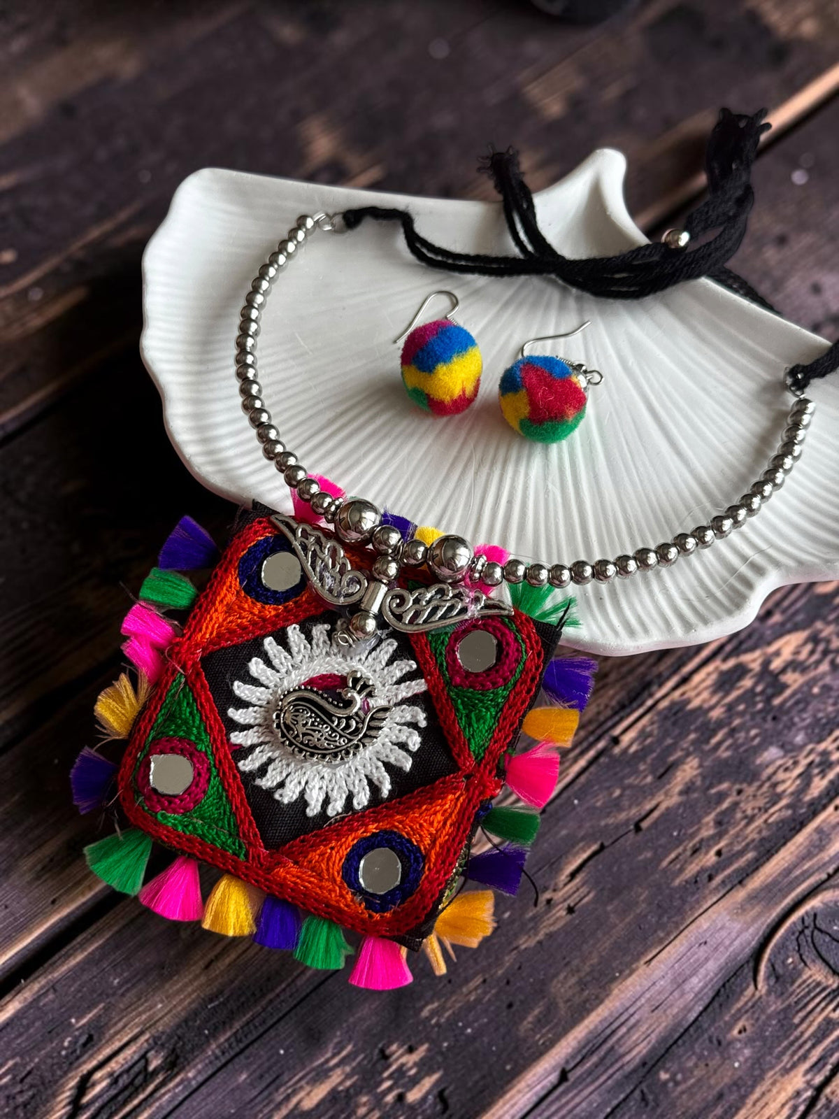 Kutchi Embroidered Square Pendant Necklace