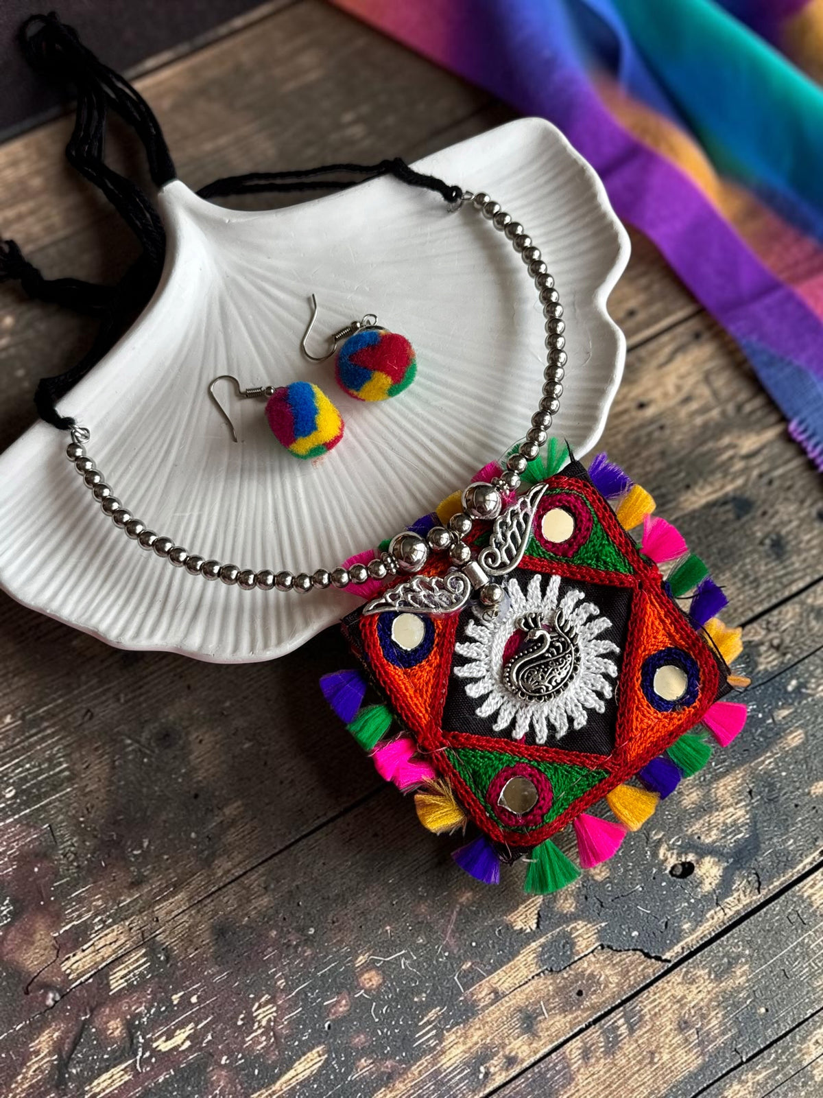 Kutchi Embroidered Square Pendant Necklace