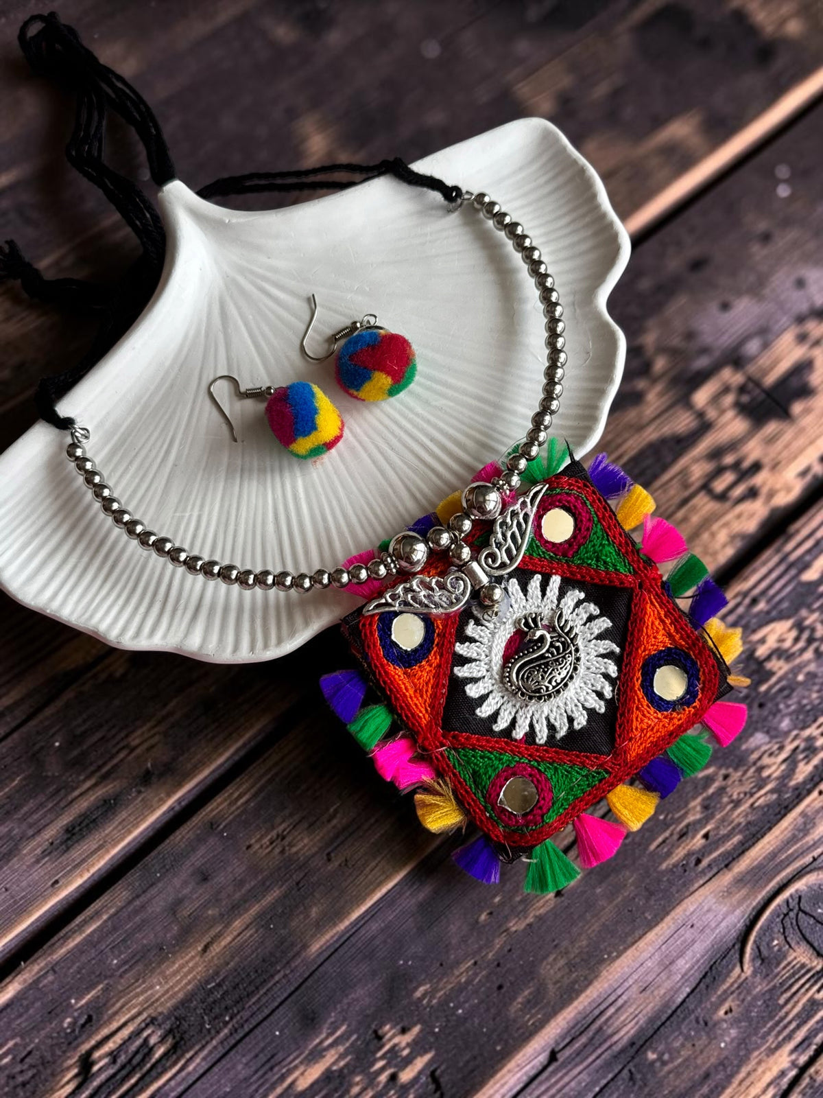 Kutchi Embroidered Square Pendant Necklace