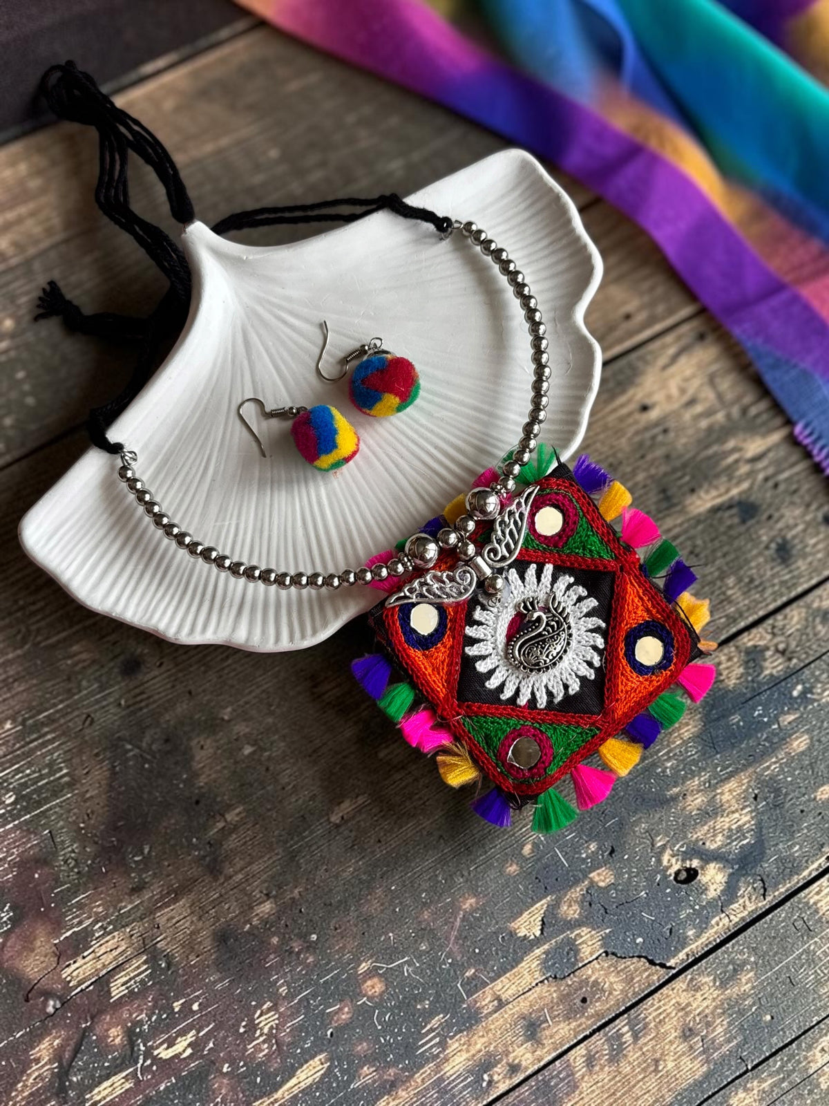 Kutchi Embroidered Square Pendant Necklace