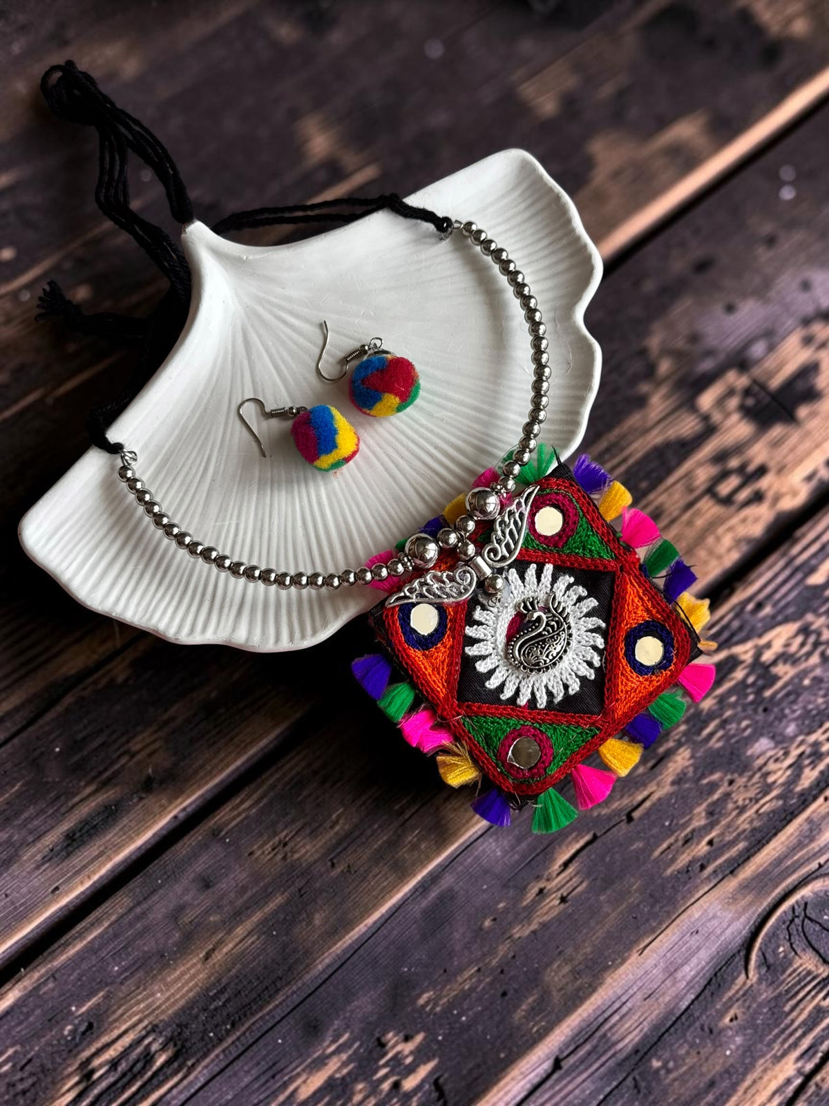 Kutchi Embroidered Square Pendant Necklace
